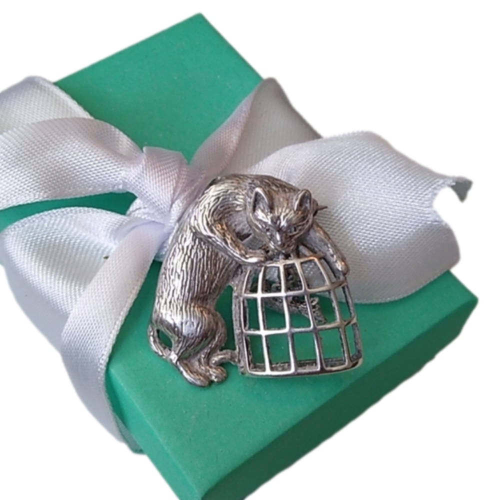 Vintage Signed Jezlaine 925 Cat & Caged Bird Sterling Silver Brooch
